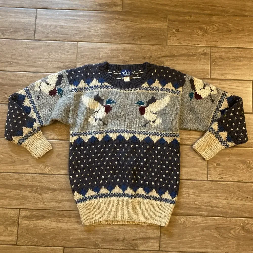 Woolrich Duck Mallard Graphic Knit Sweater Pullover 100% Wool Size Medium